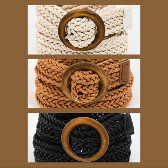 Wooden Circle Buckle Braided Belt 44” | Ivory, Black or Khaki - Picture 1 of 5